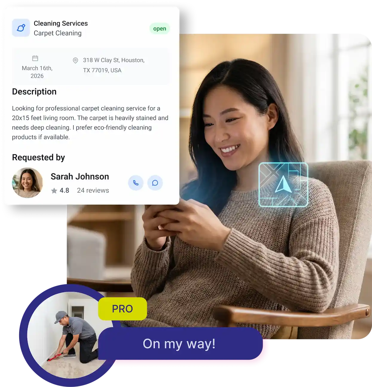 Woman sitting in a chair smiling at uSource mobile app with an overlay showing a carpet cleaning service request and a pro cleaner confirming 'On my way!'