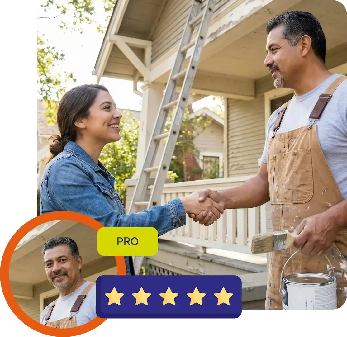 Smiling woman shaking hands with a male painter found in uSource App holding a brush and paint can on a house porch.