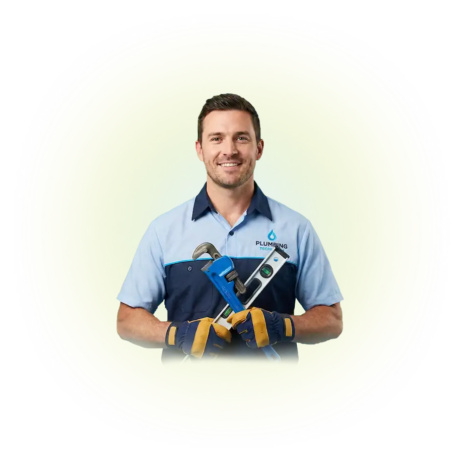 Smiling male plumber in uniform holding a pipe wrench and a level tool with gloves on, against a green circular background on uSource Hub App