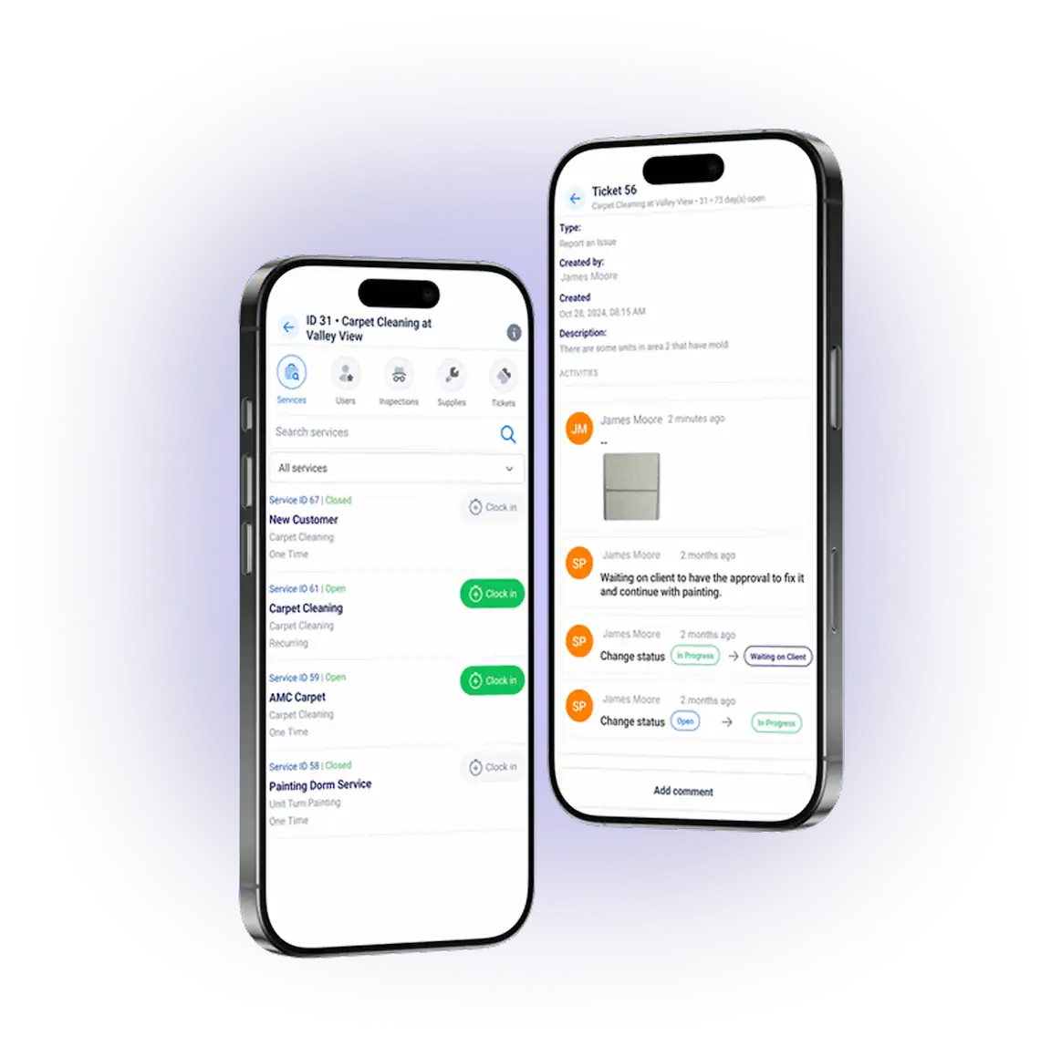 Two smartphones displaying a service management app with lists of cleaning services and ticket details including status updates and comments on uSource Enterprise App.