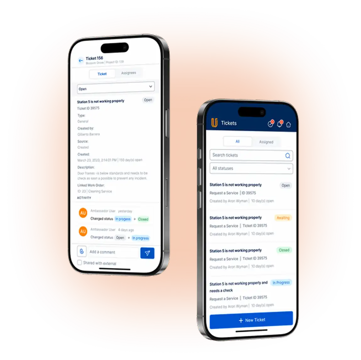 Two smartphones displaying a ticket management app with status updates and details for a service request about station 5 not working properly on uSource Enterprise App.