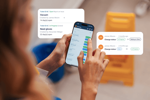 A woman looking at the services she can request through the uSource platform such as needing someone to vacuum and requesting gloves