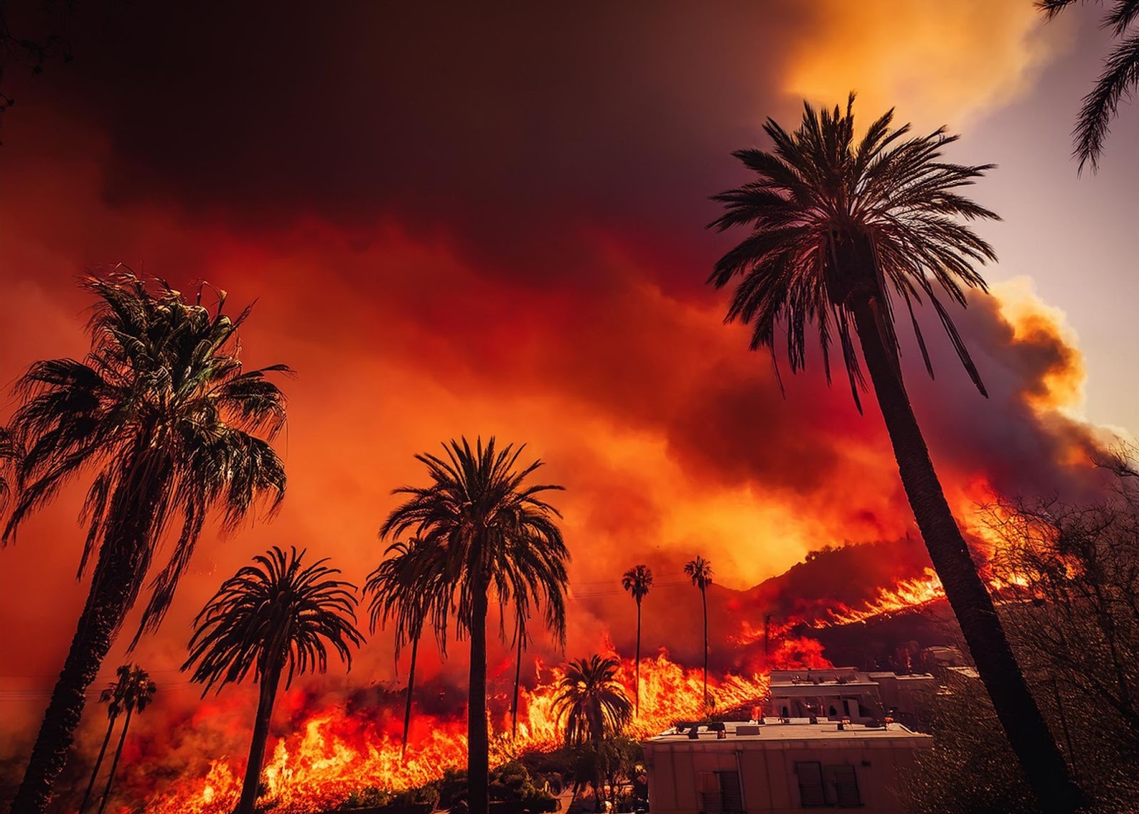 Wildfire spreading across a neighborhood with palm trees.