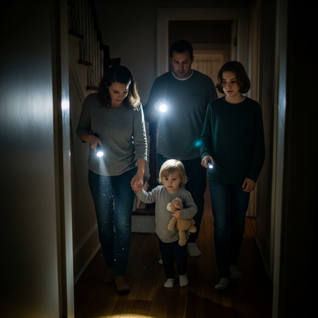 Family walking through their home, holding flashlights to see during a blackout