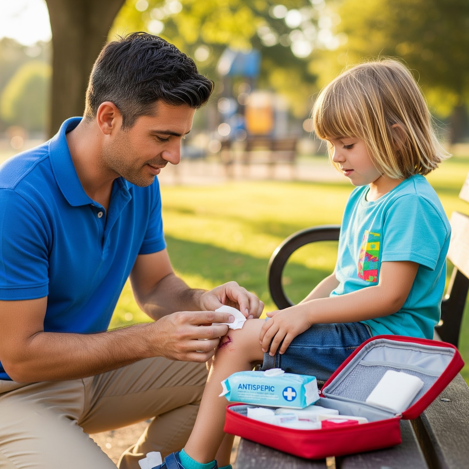 man using a first aid kit to tend to a child's wound.