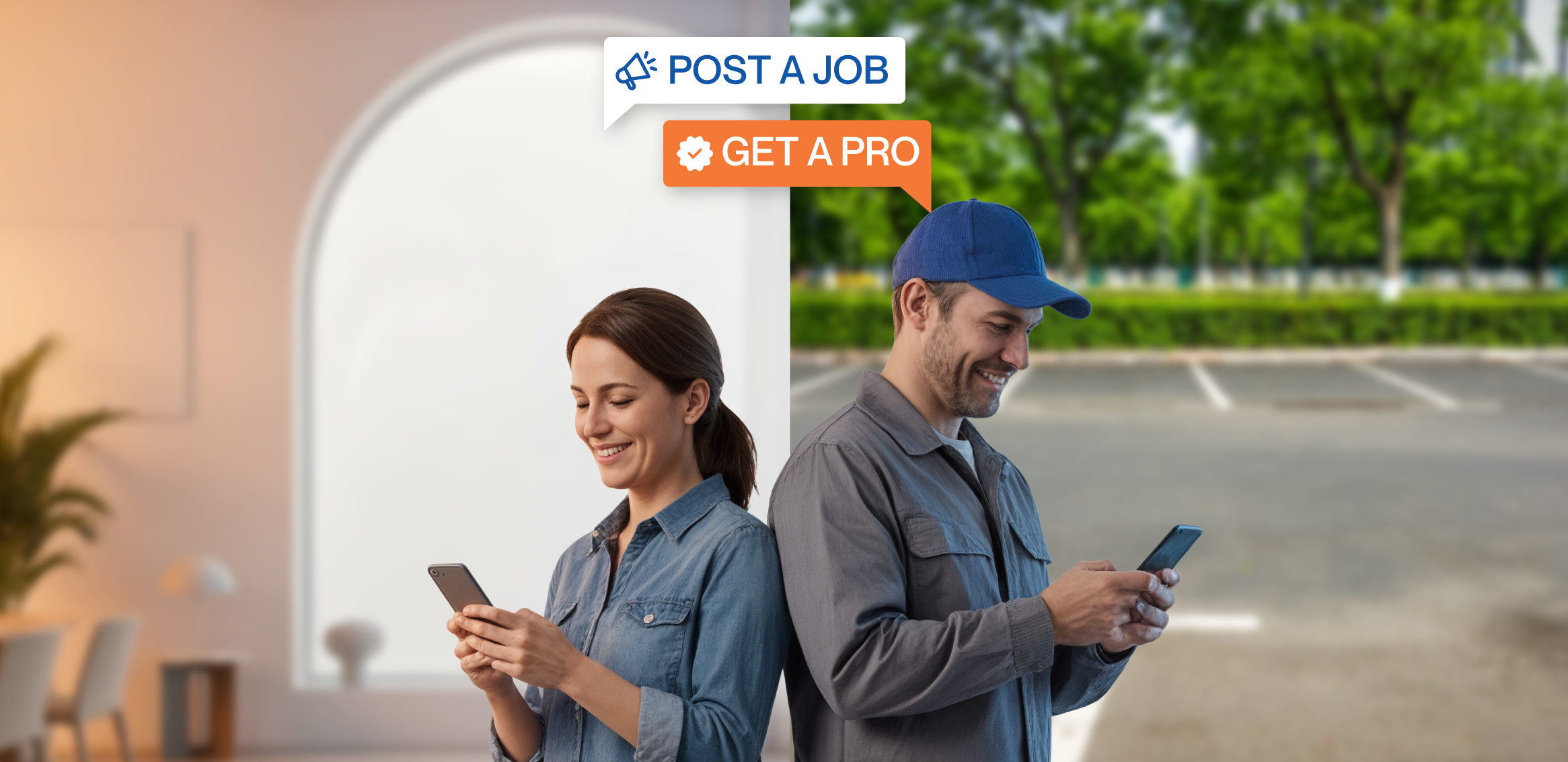 A woman and a man looking at the uSource app through their phones