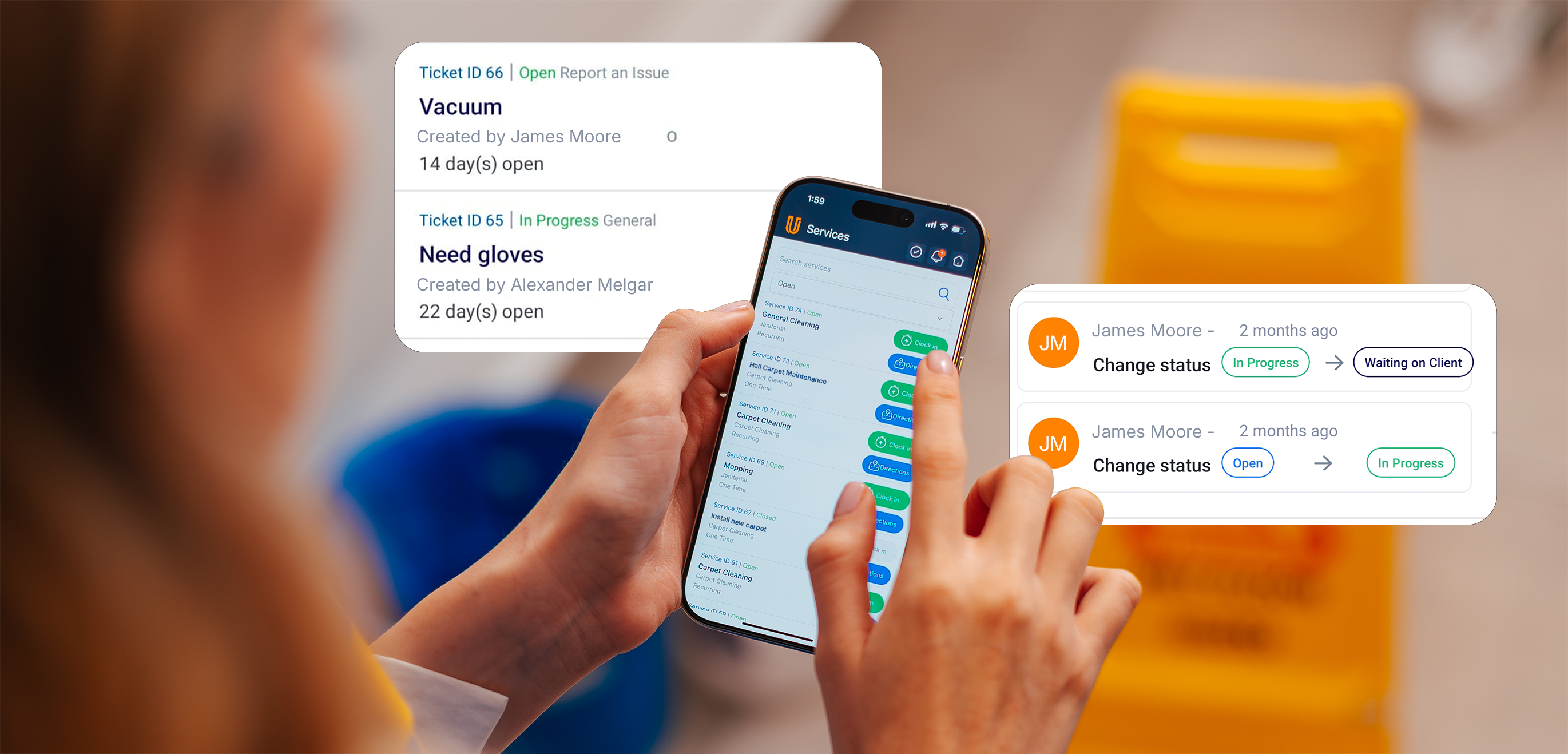 A woman looking at the services she can request through the uSource platform such as needing someone to vacuum and requesting gloves
