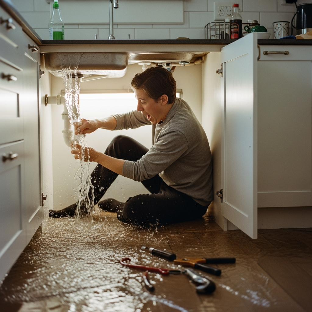 Homeowner trying to fix a leaking pipe and causing a flood