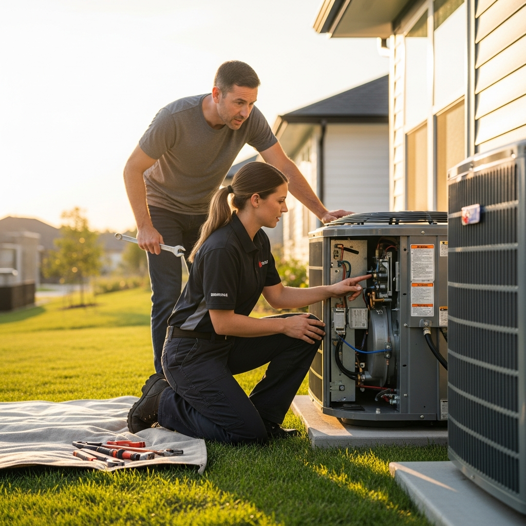 HVAC professional helping man fix his AC system