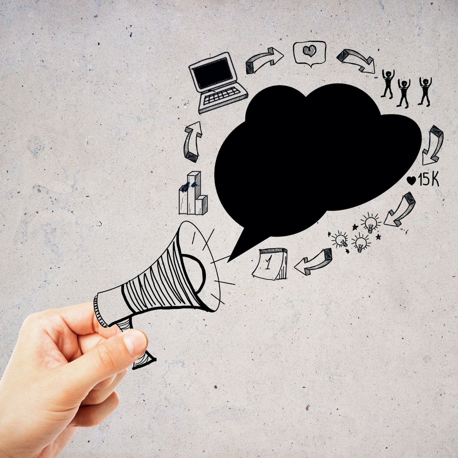 hand holding speaker with marketing symbols