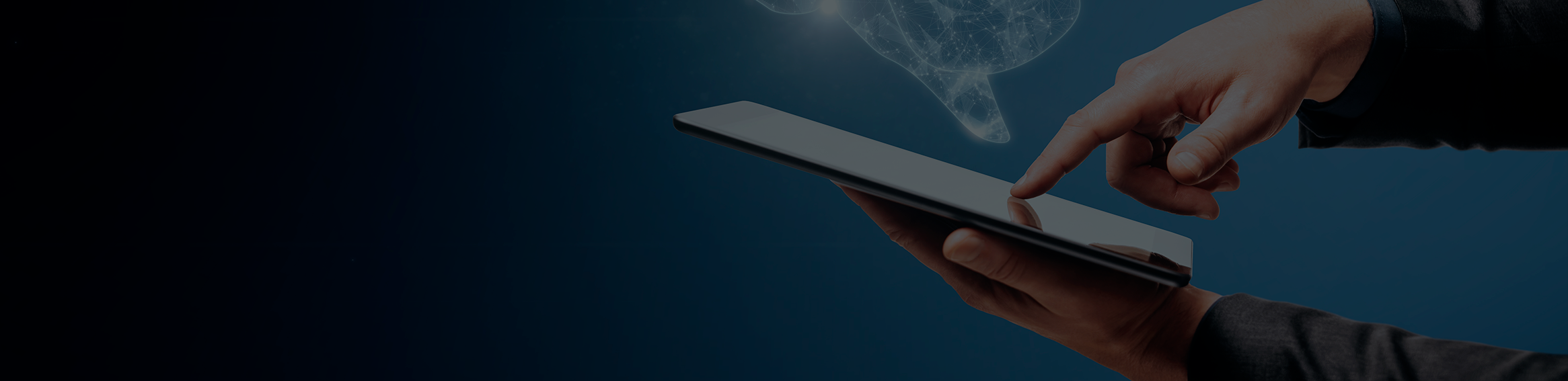 Close-up of a businessperson's hand pointing at a mobile phone displaying a wireframe brain against a blue background with a placeholder area. AI and computing concept.