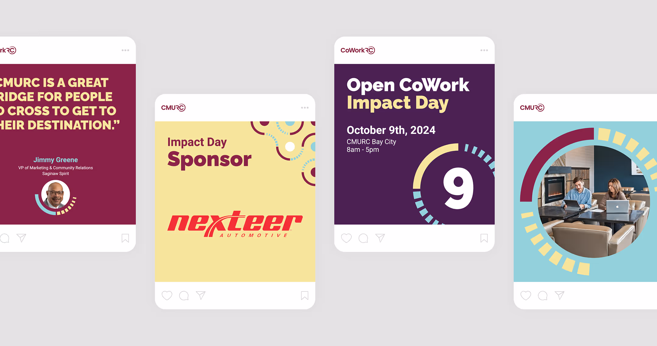 Four branded digital mockups of social media posts promoting events, sponsors, coworking spaces, and testimonials.