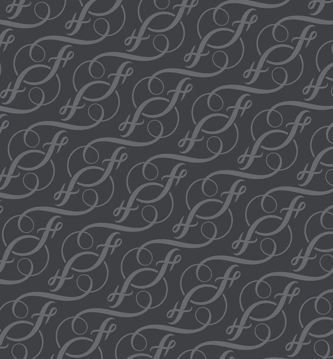 A seamless pattern derived from the letter mark featuring elegant, interwoven swirls and loops in a dark gray, flowing across a charcoal background. The design creates a sophisticated and classic appearance, perfect for backgrounds or wallpapers.