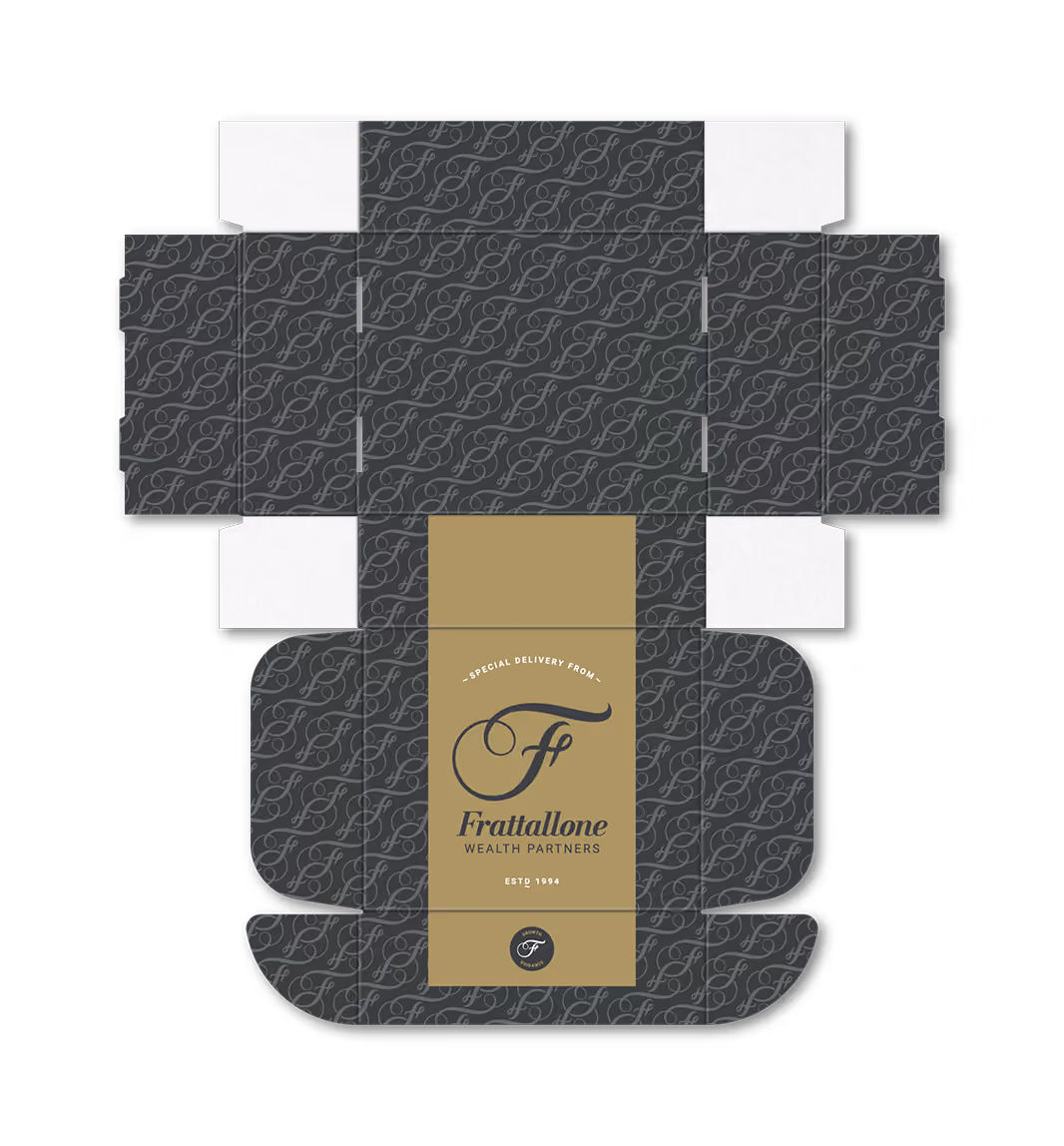 A flat, unfolded package with a dark grey and gold color scheme demonstrates the outside design of the mailing box carton. It features a repeated cursive F pattern and the text Frattallone Wealth Partners and Since 1984.