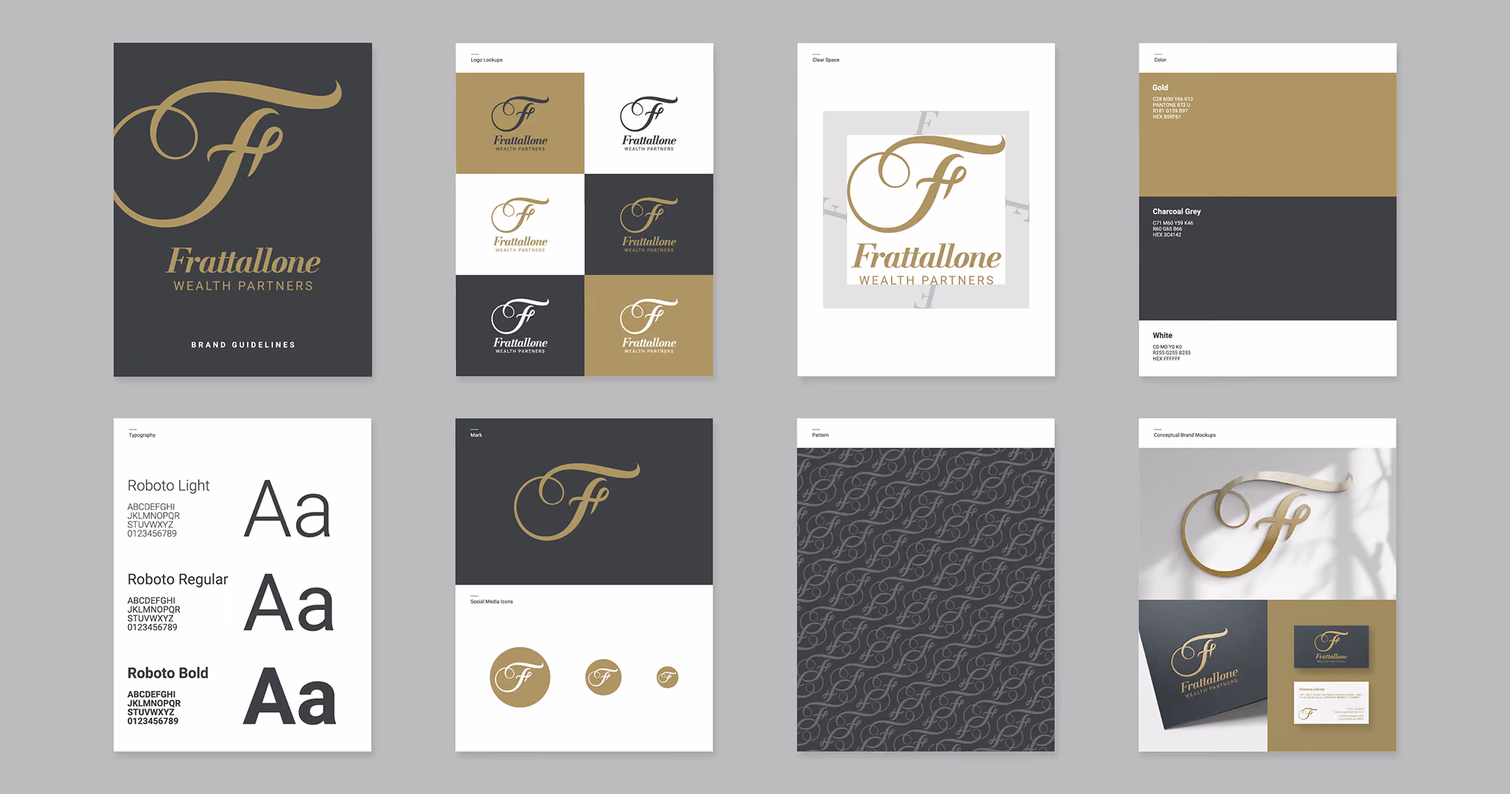 A layout featuring various pages from Frattallone Wealth Partners brand guidelines. Pages include logo lockups, color, typography, patterns, and conceptual brand mockups.