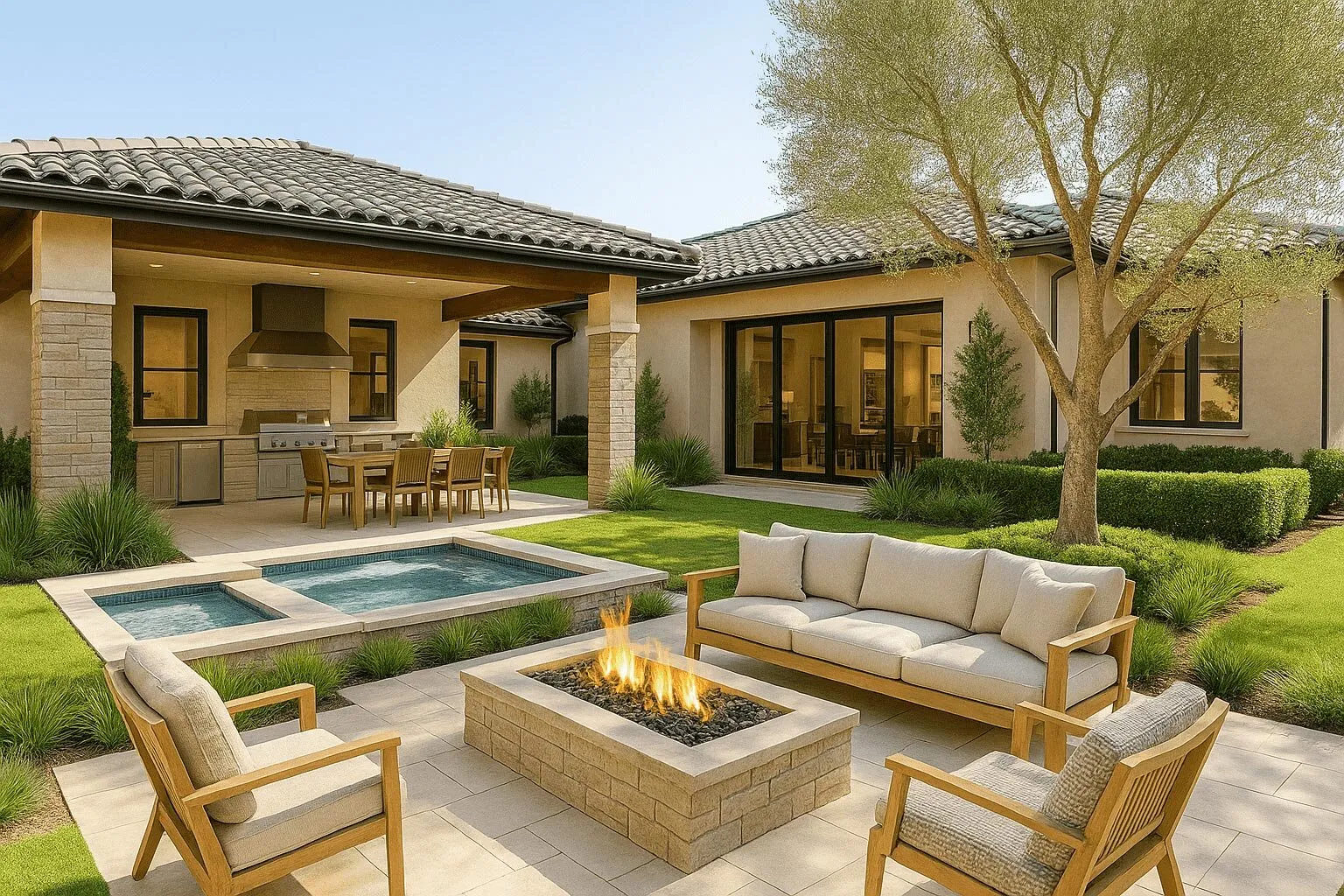 Luxury backyard patio with outdoor kitchen, fire pit seating area, spa, landscaped lawn, and mature trees.
