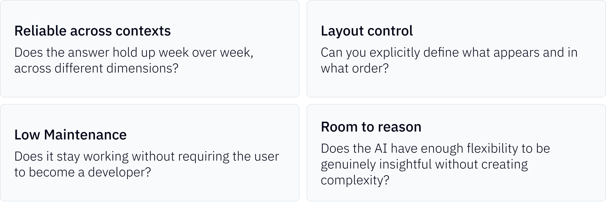 Reliable across contexts, layout control, low maintenance, room to reason.