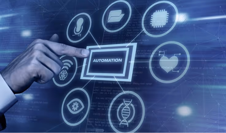 Hand pointing to a screen labeled AUTOMATION connected to icons of tech, health, DNA, and data.