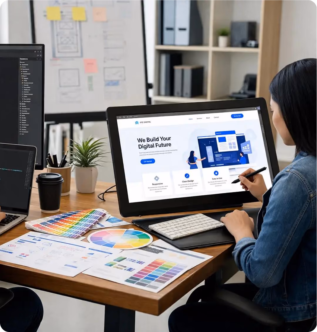 A woman working on digital design using a tablet with color swatches and charts on a desk.