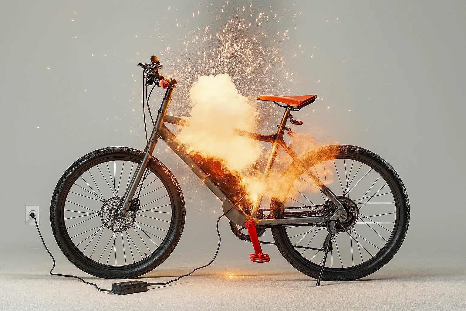 Electric bicycle battery catching fire and exploding while charging, illustrating the dangers of unsafe e-bike charging practices