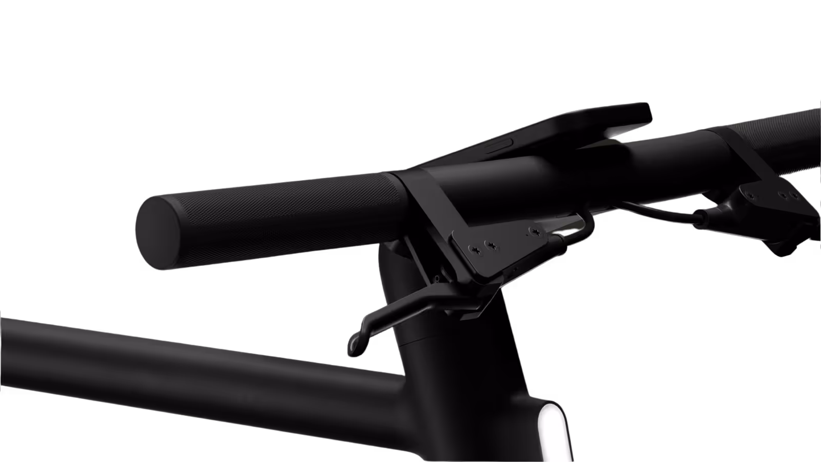 Close-up view of a modern electric bicycle handlebar and brake levers in a sleek black design.