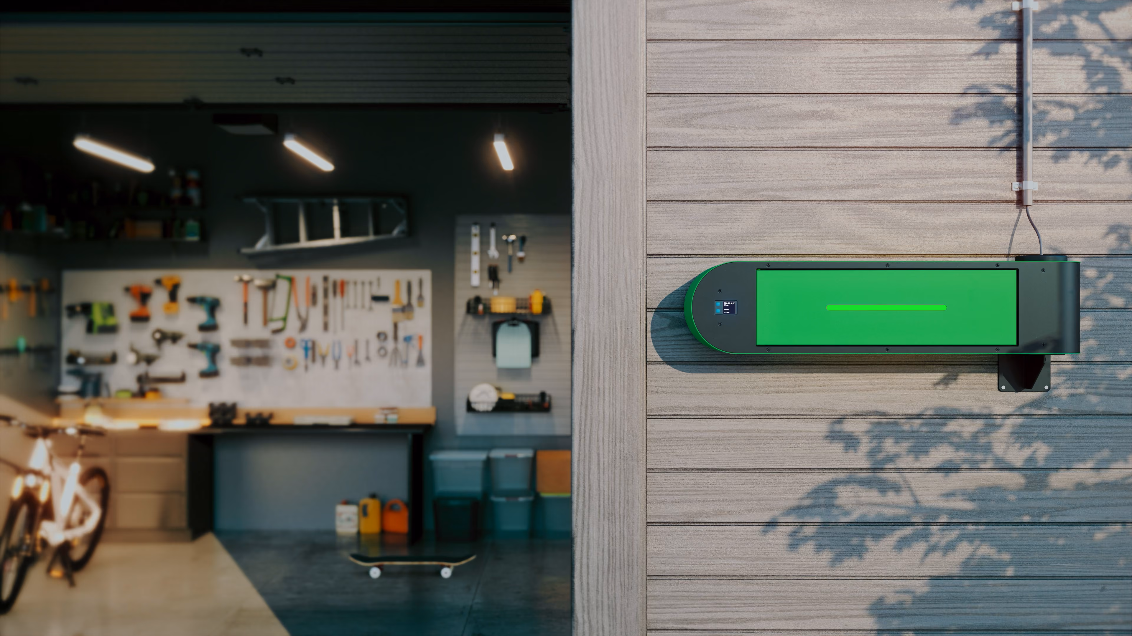 Modern green electric vehicle charger mounted on an exterior wood-paneled wall near a garage.