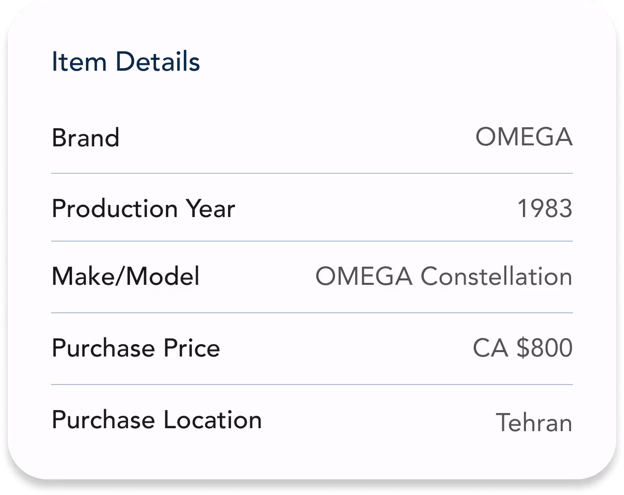 Ethereal Archives app interface depicting the purchase and model details of an OMEGA Constellation Watch.