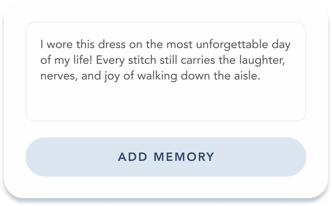 Ethereal Archives app interface of a user's written description of a memory associated with their wedding dress.