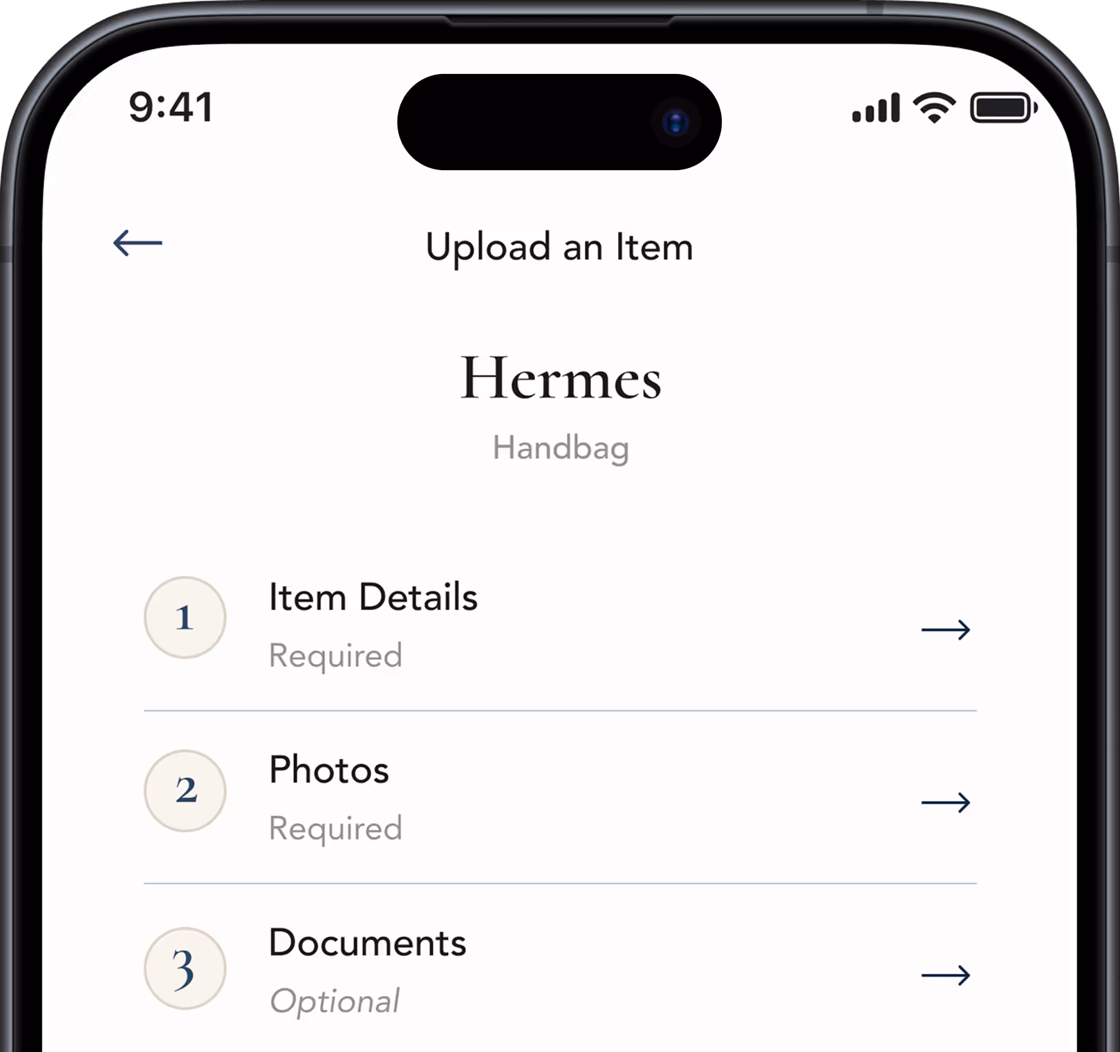 Ethereal Archives app screen depicting the steps involved in uploading an item to your collection.