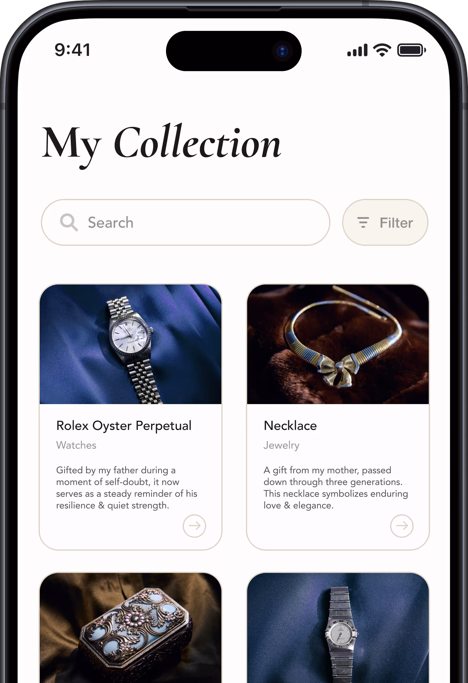 Ethereal Archives app interface depicting a user's collection of archived items.
