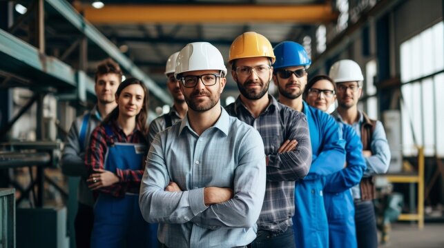 Team of fabrication and construction professionals wearing hard hats and safety gear in a workshop.