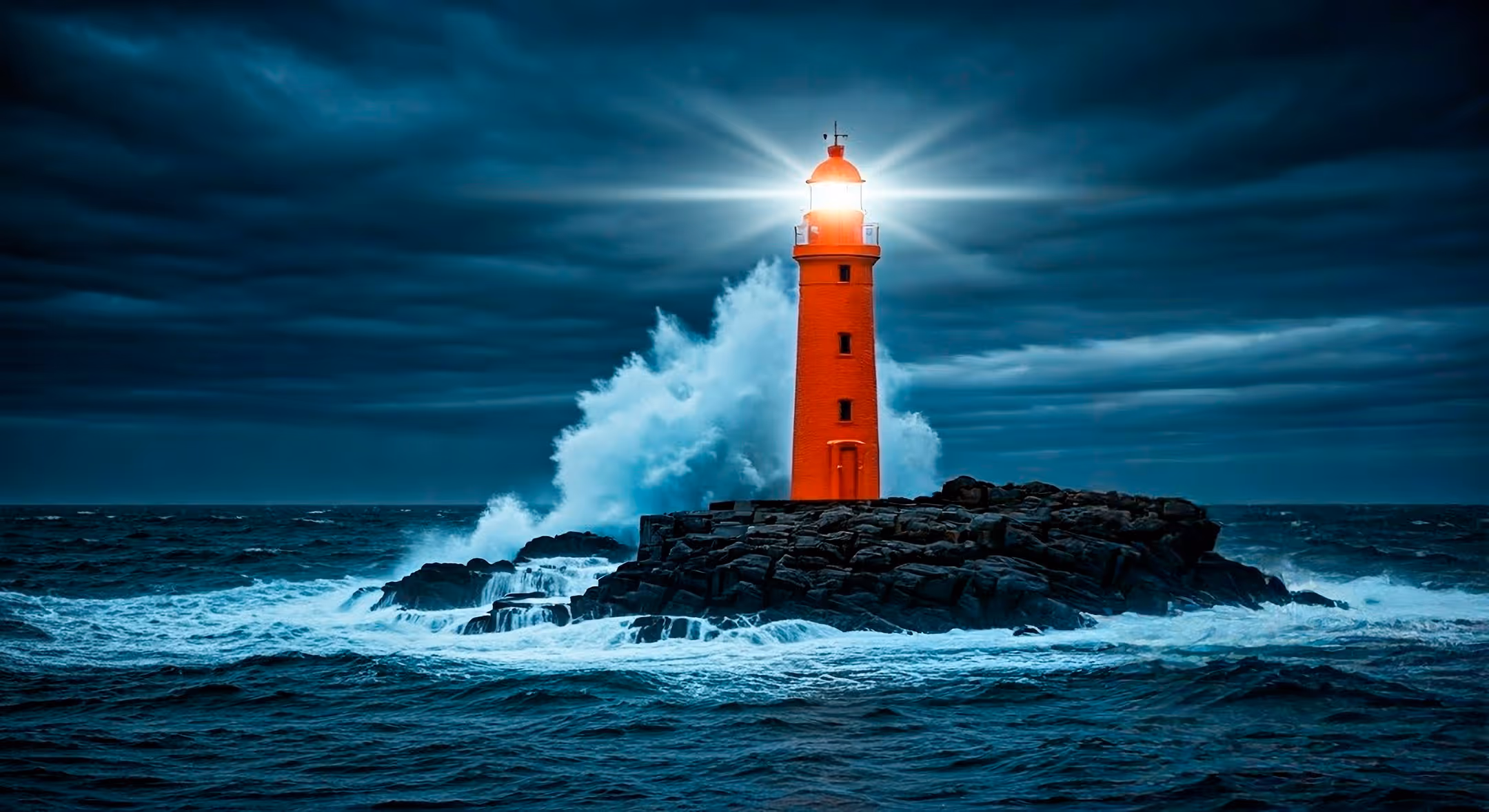 An image of a lighthouse with waves crashing on the shoreline.