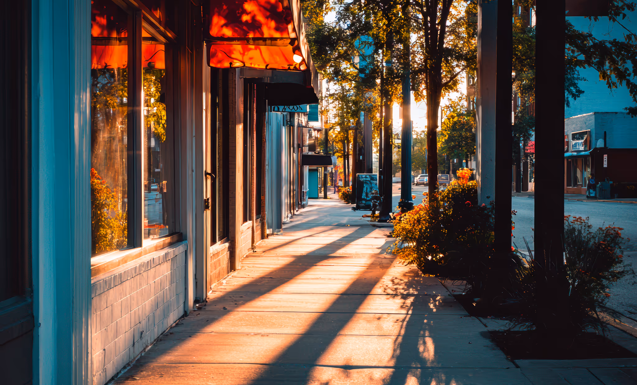Small town USA main street filled with businesses.