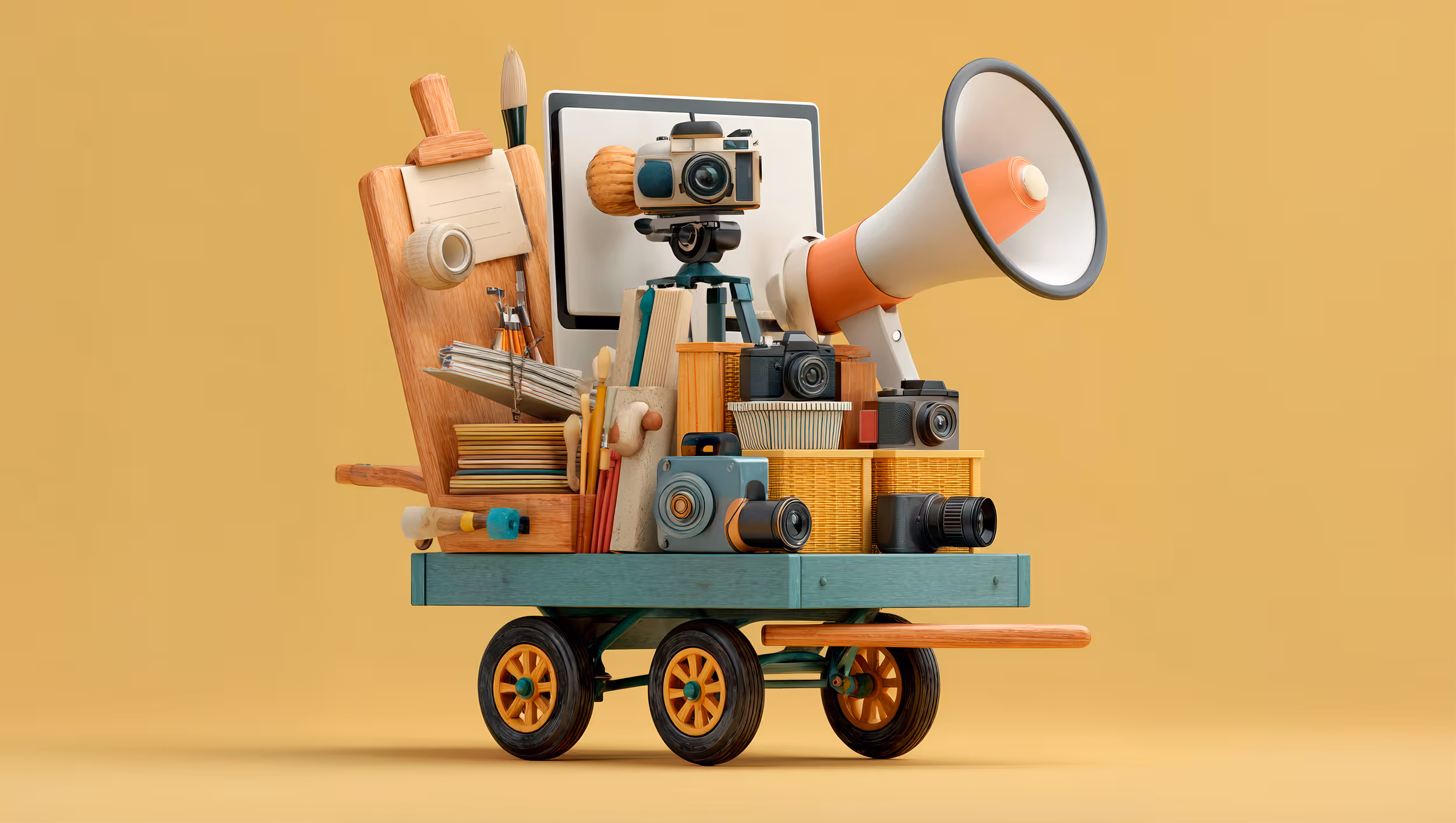 A cart filled advertising and camera gear.