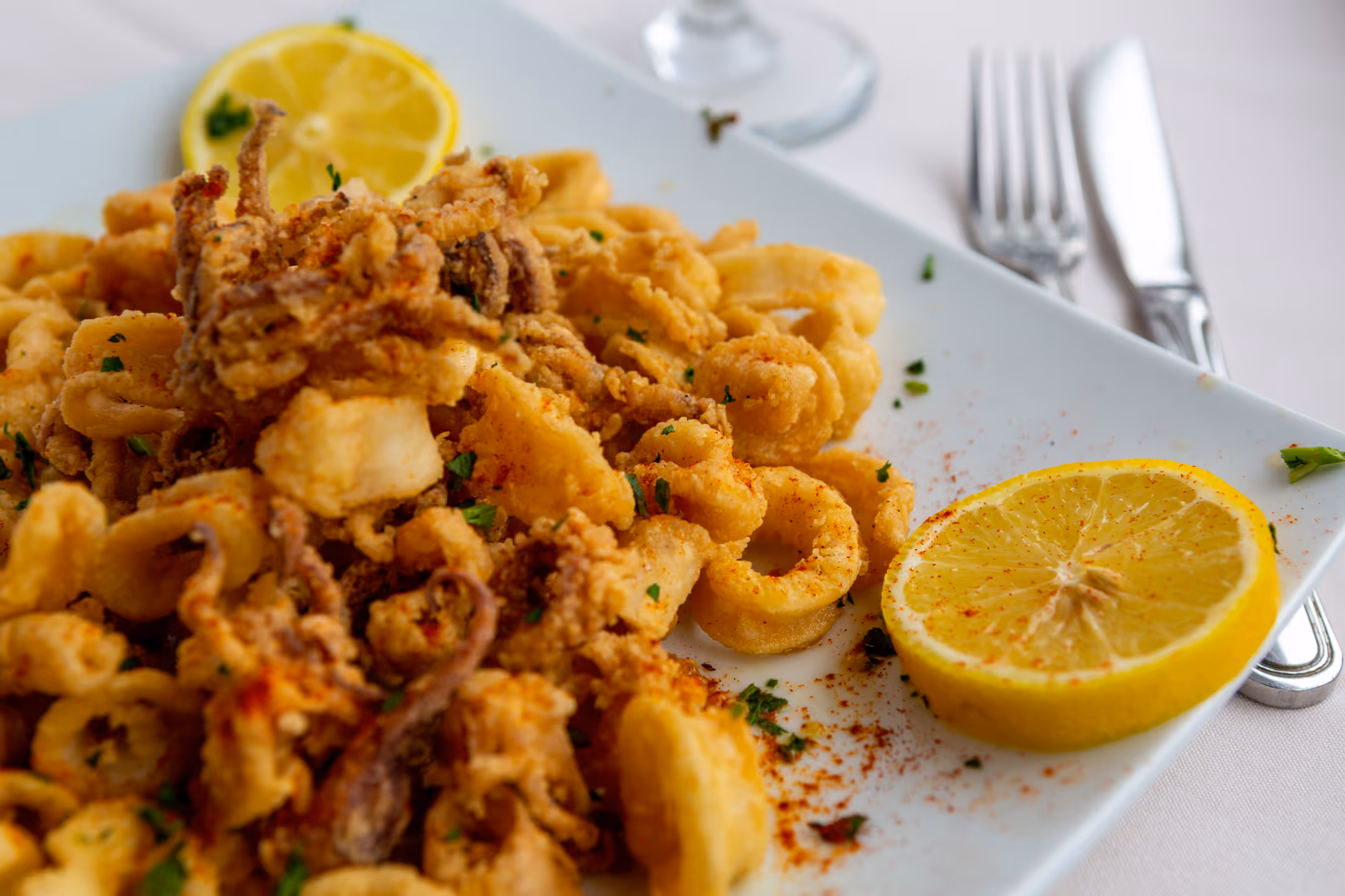 A food photography image of calamari appetizer from Vidalia Restaurant in Lawrenceville NJ.