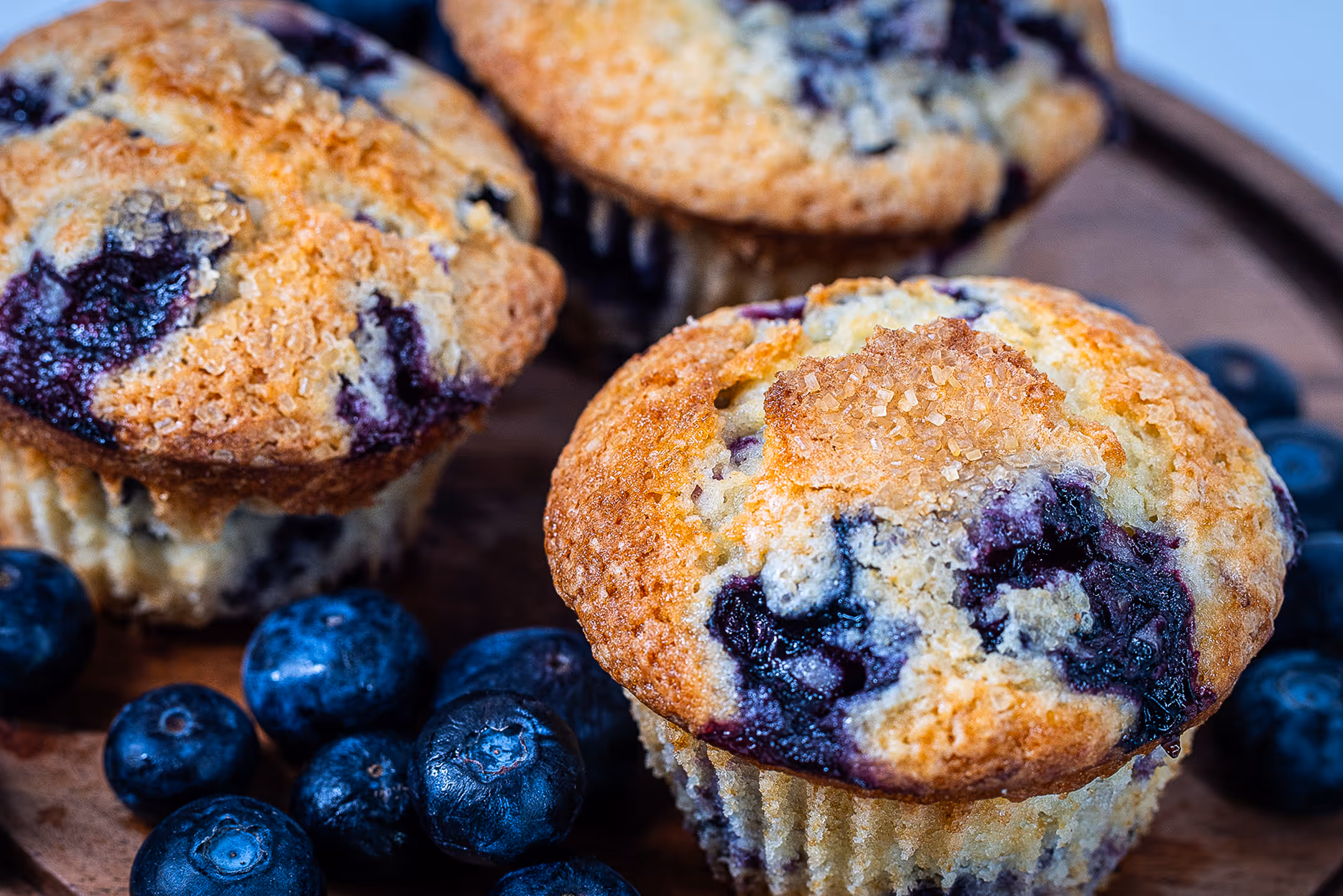A food photography image of blue berry muffins.