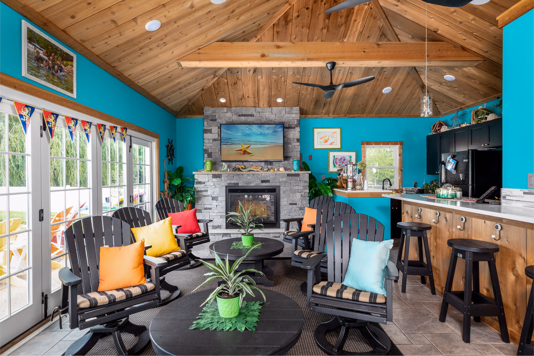 An interior design image of a cabana pool house.