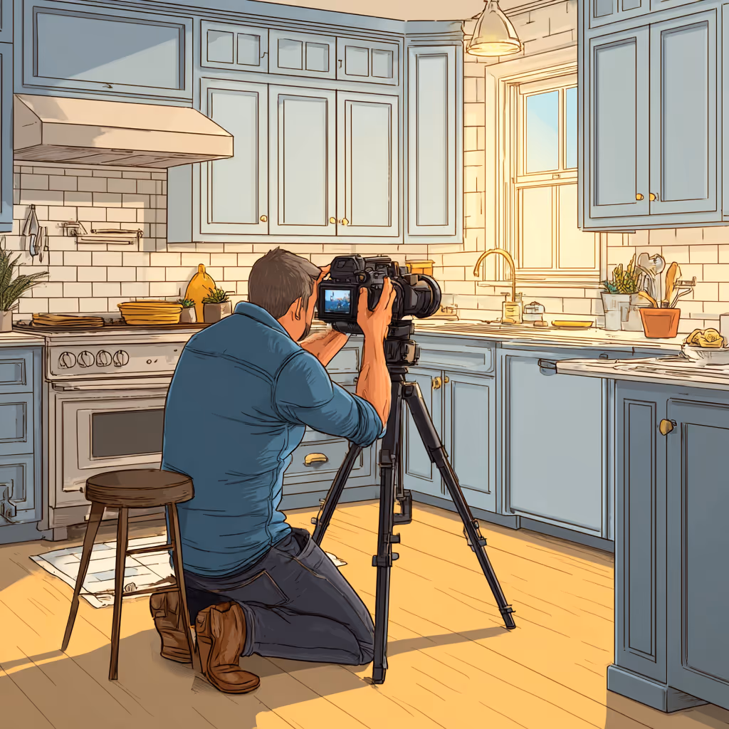 Cartoon image of photographer taking an image of a kitchen.