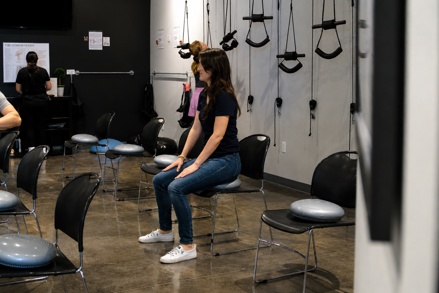 Patient participating in posture rehabilitation exercises as part of a corrective chiropractic care program.
