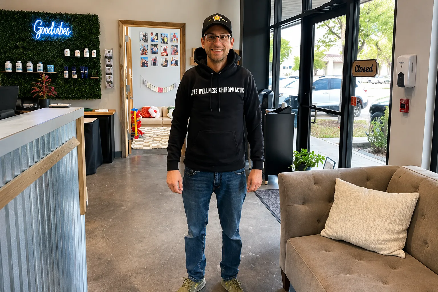 Patient standing inside the Bee Cave chiropractic clinic with an Elite Wellness Chiropractic hoodie.
