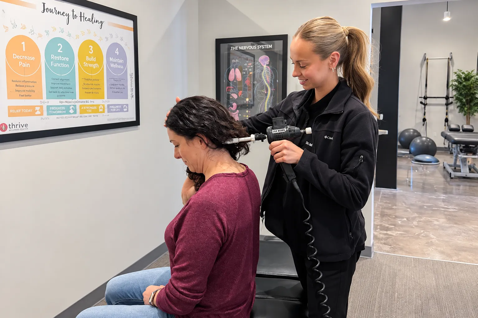Dr. Mikala Hiber using a handheld adjustment tool on a seated woman’s upper neck.