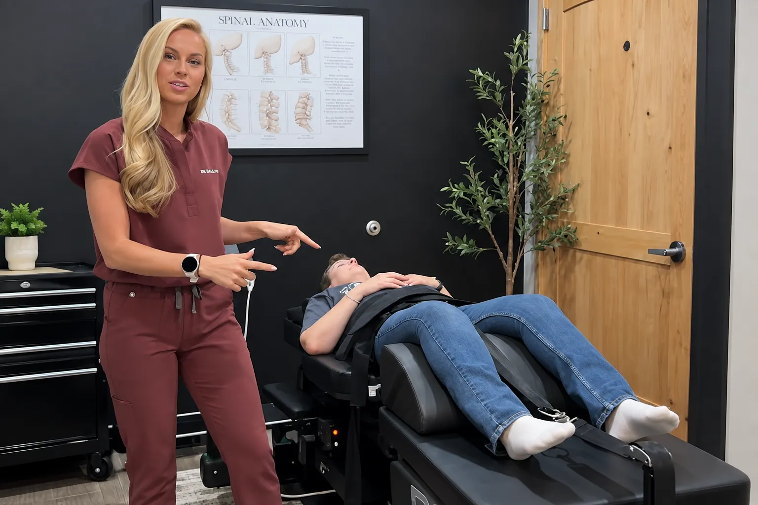 Dr. Mikala Hiben explaining a chiropractic adjustment while a patient lies on an adjustment table