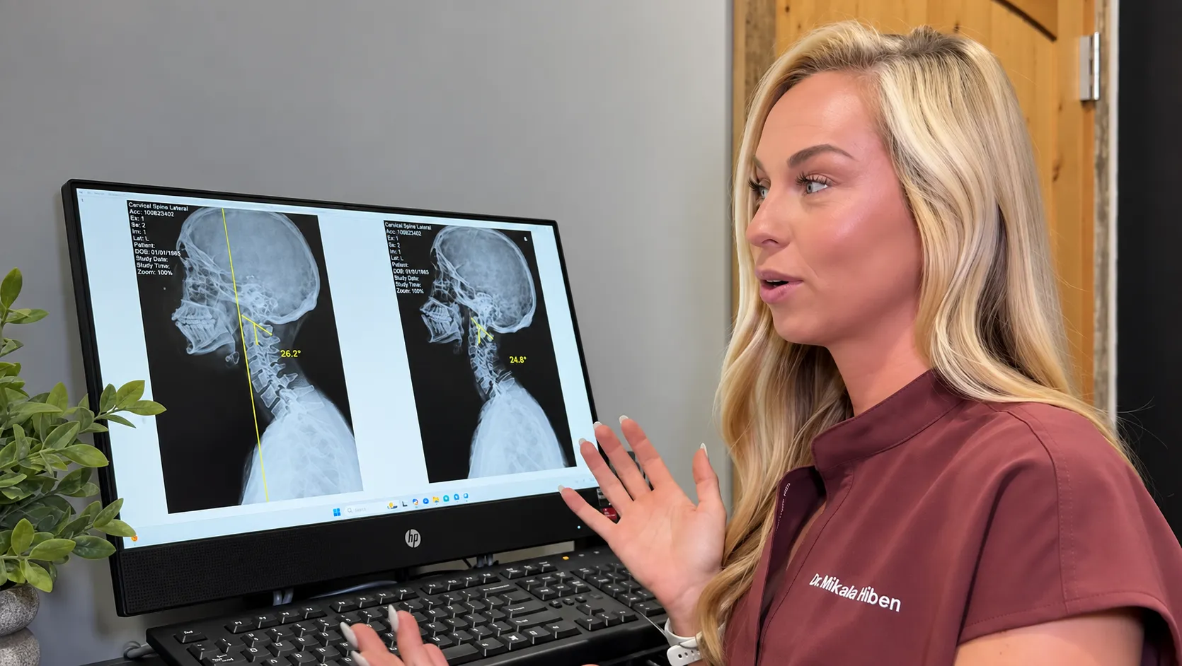 Dr. Mikala Hiben reviews cervical spine X-rays on a computer monitor, showing spinal alignment measurements. 