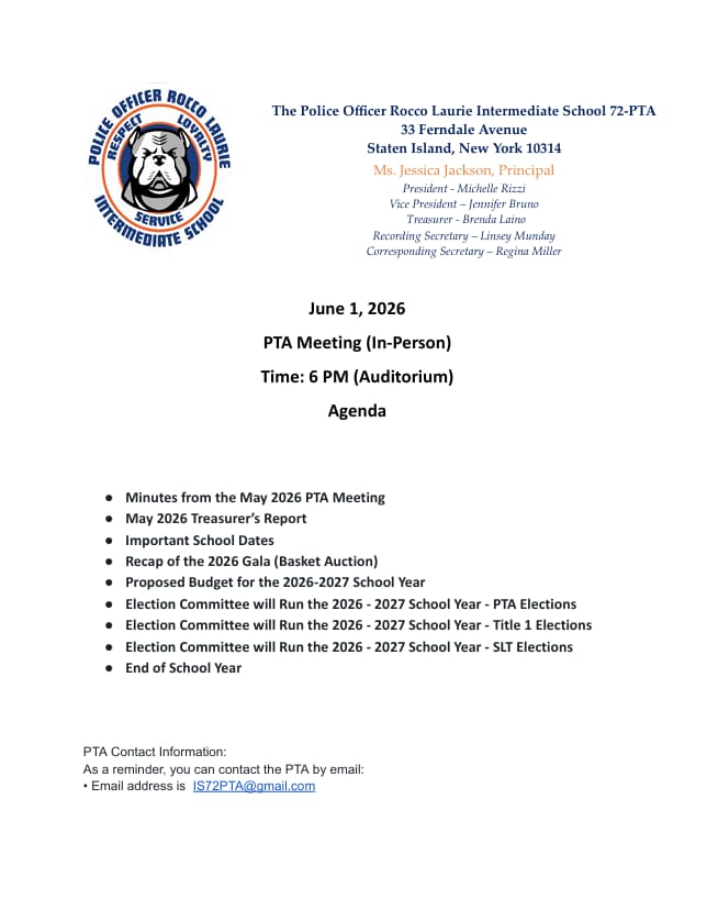 IS 72 PTA Meeting Agenda June 1 2026 in the Auditorium