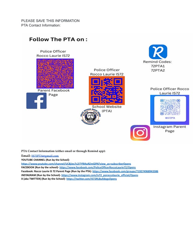 IS 72 PTA social media contact information flyer with QR codes