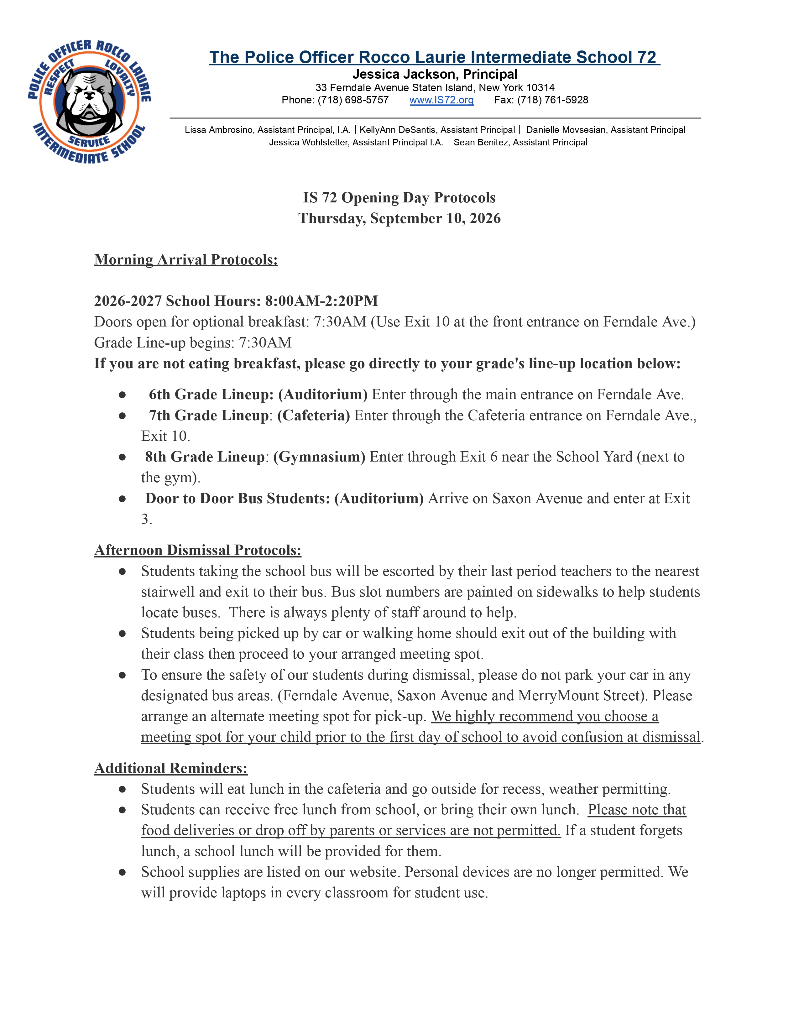 IS 72 Opening Day Protocols flyer
