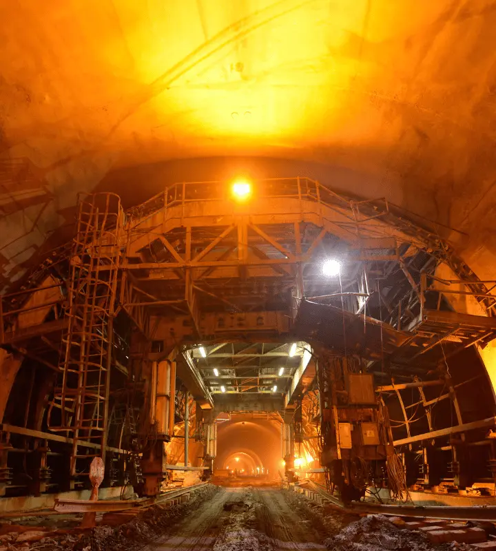 Obras subterráneas iluminadas con maquinaria sobre rieles en un túnel en construcción.