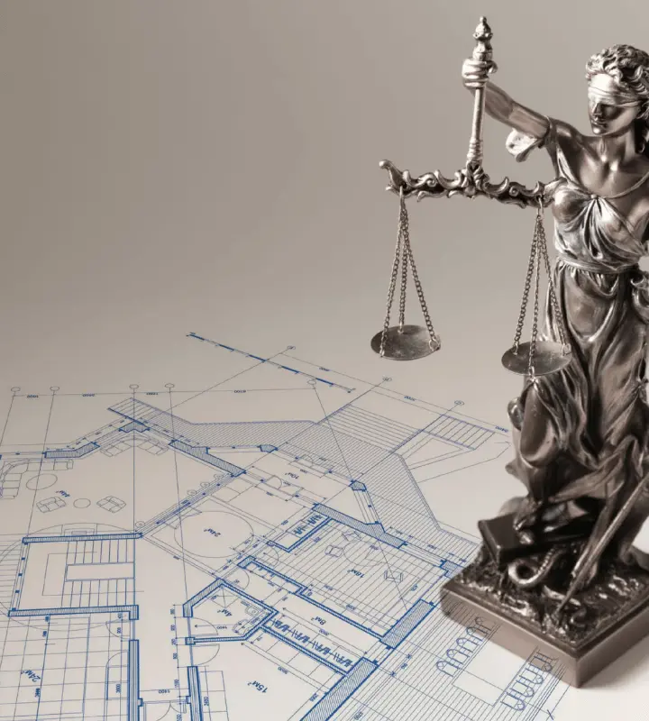 Figura de la justicia con balanza sobre planos arquitectónicos azules.
