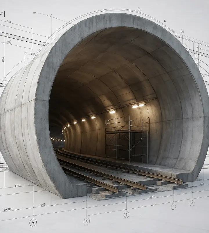 Túnel de concreto con vías de tren y andamio iluminado, sobre planos de ingeniería civil.