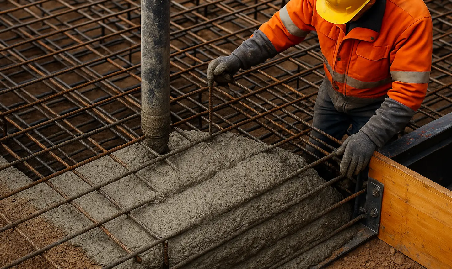 Trabajador con casco amarillo vertiendo concreto en una estructura de varillas metálicas para cimentación.